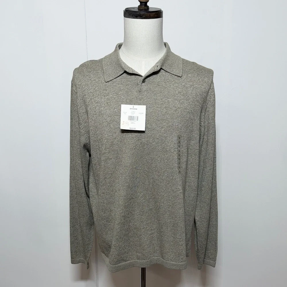 Brandini Sweater‎ Mens Large Tan Polo Pullover Long Sleeve Marl Knit Cotton